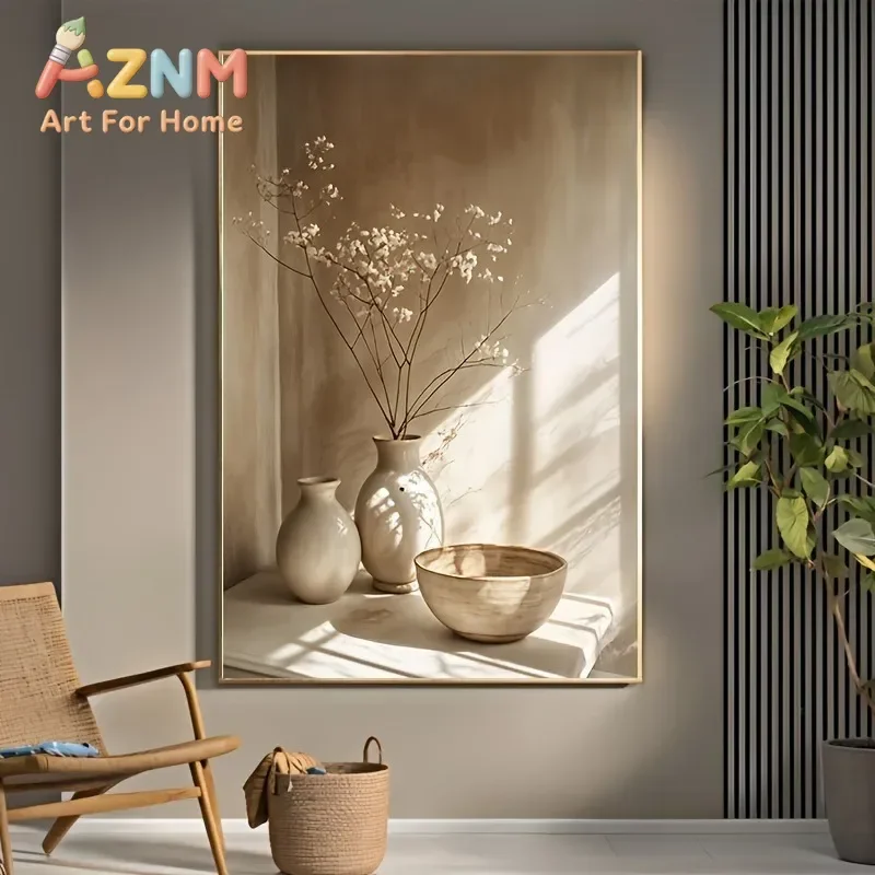 AZNM Neutral Beige Still Life Vase Canvas Wall Art Wabi‑Sabi Style Floral Sunlight Art Print Unframed Canvas Poster for Living R