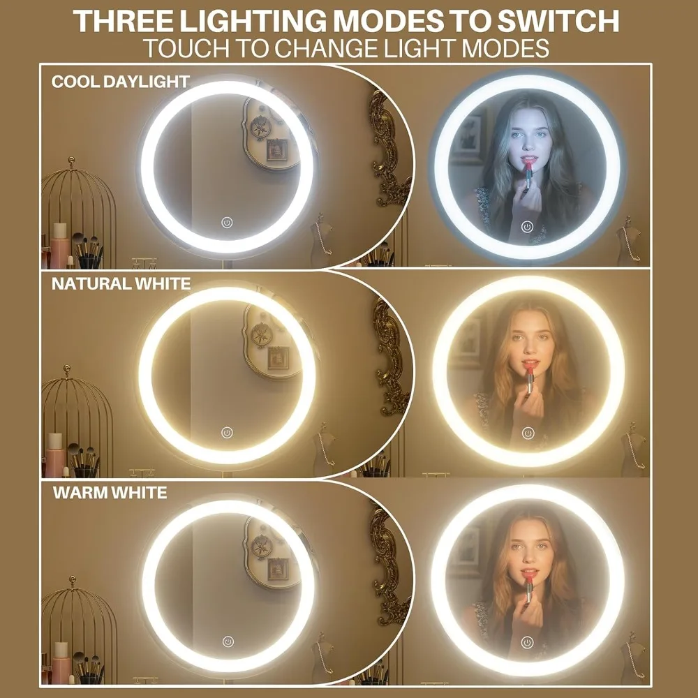 مكتب زينة بإضاءة LED مقاس 24 بوصة مع مرآة وطاولة مكياج مدمجة تتميز بدرج تخزين وشاشة لمس بثلاثة ألوان #3