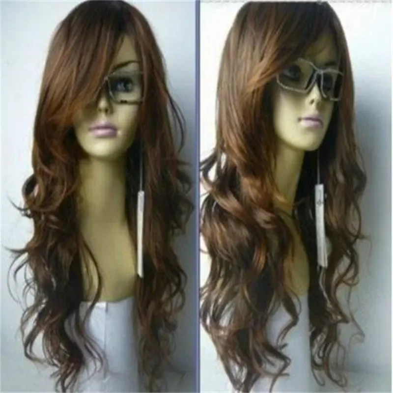 100% New High Quality Fashion Picture wigs Hot Sell! New long Vogue Light Brown Fashion Wavy hair wigs + free cap wg01s