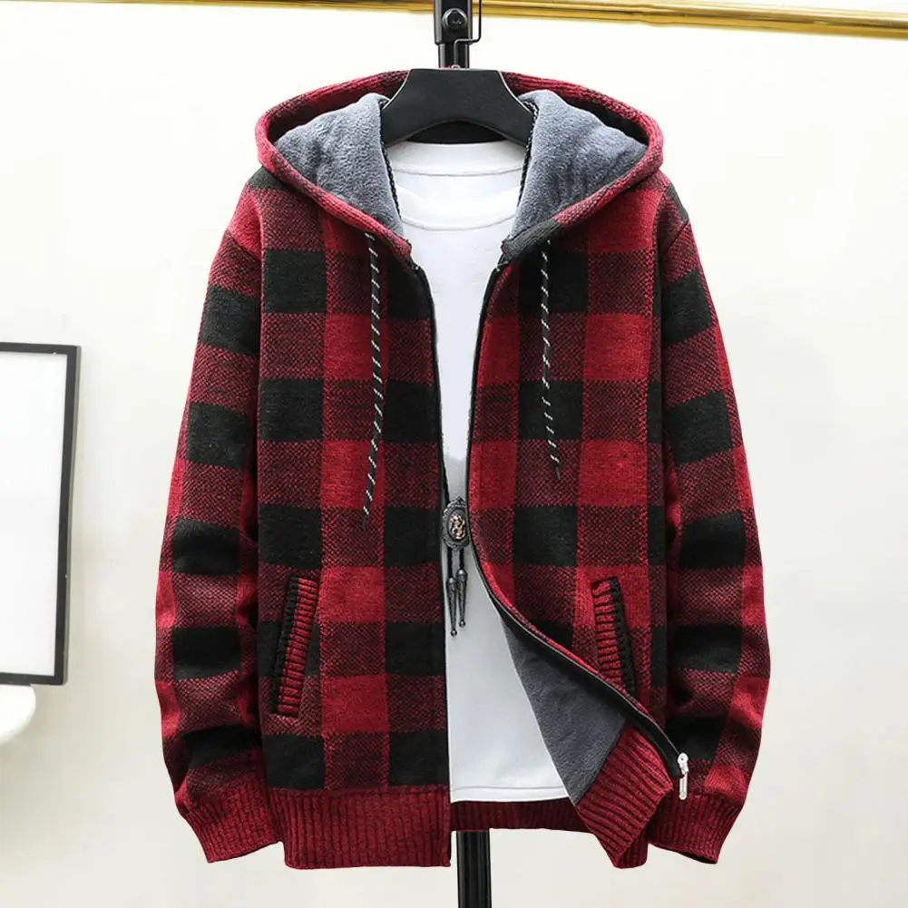 Men Coat Zip-up Knitted Thick Plush Plaid Print Hooded Outerwear Loose Double Pockets Fall Winter Sport Outdoor Hoodie