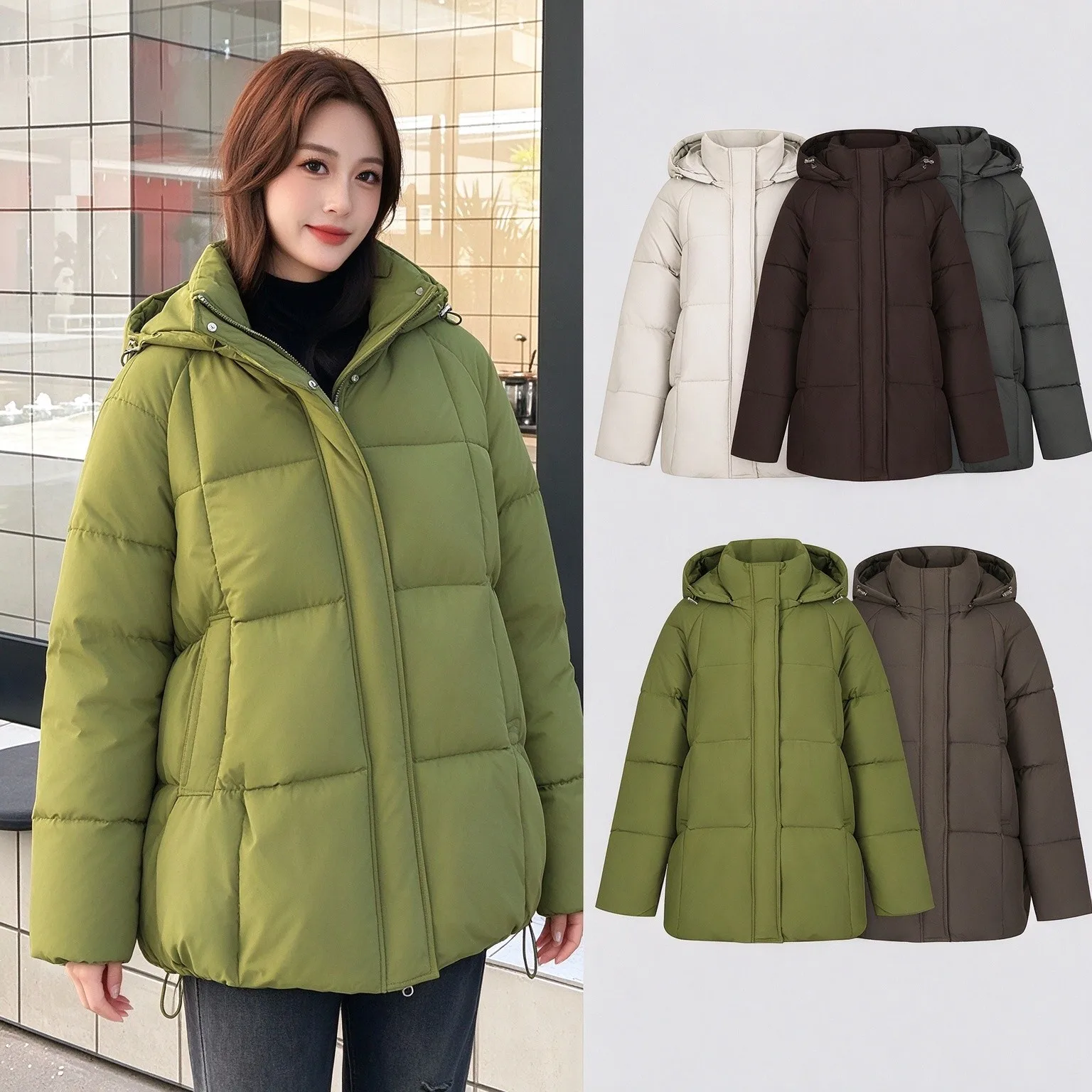 Female Winter Hooded Parka Jacket Ladies Solid Insulated Mid Length Overcoat Long Sleeve Baggy Fit Casual Outer Layer Garment