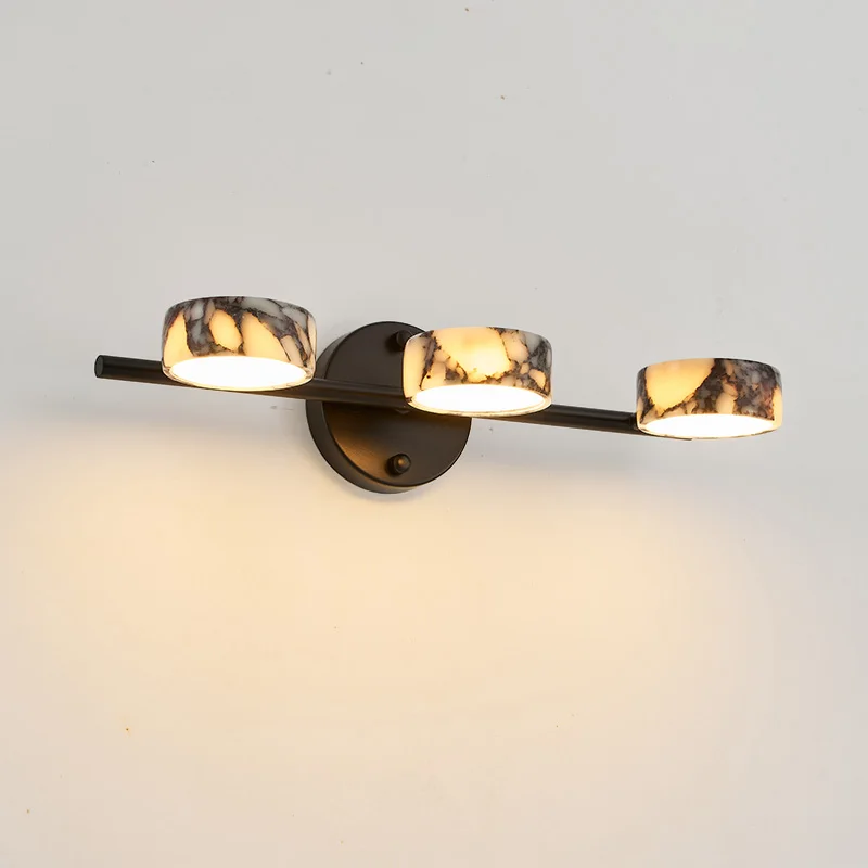 Luxury Viola Onyx 3 Head Wall Sconce Natural Stone Down Lighting Black Iron Vanity Bathroom Bedroom Aisle Hotel Home Decor
