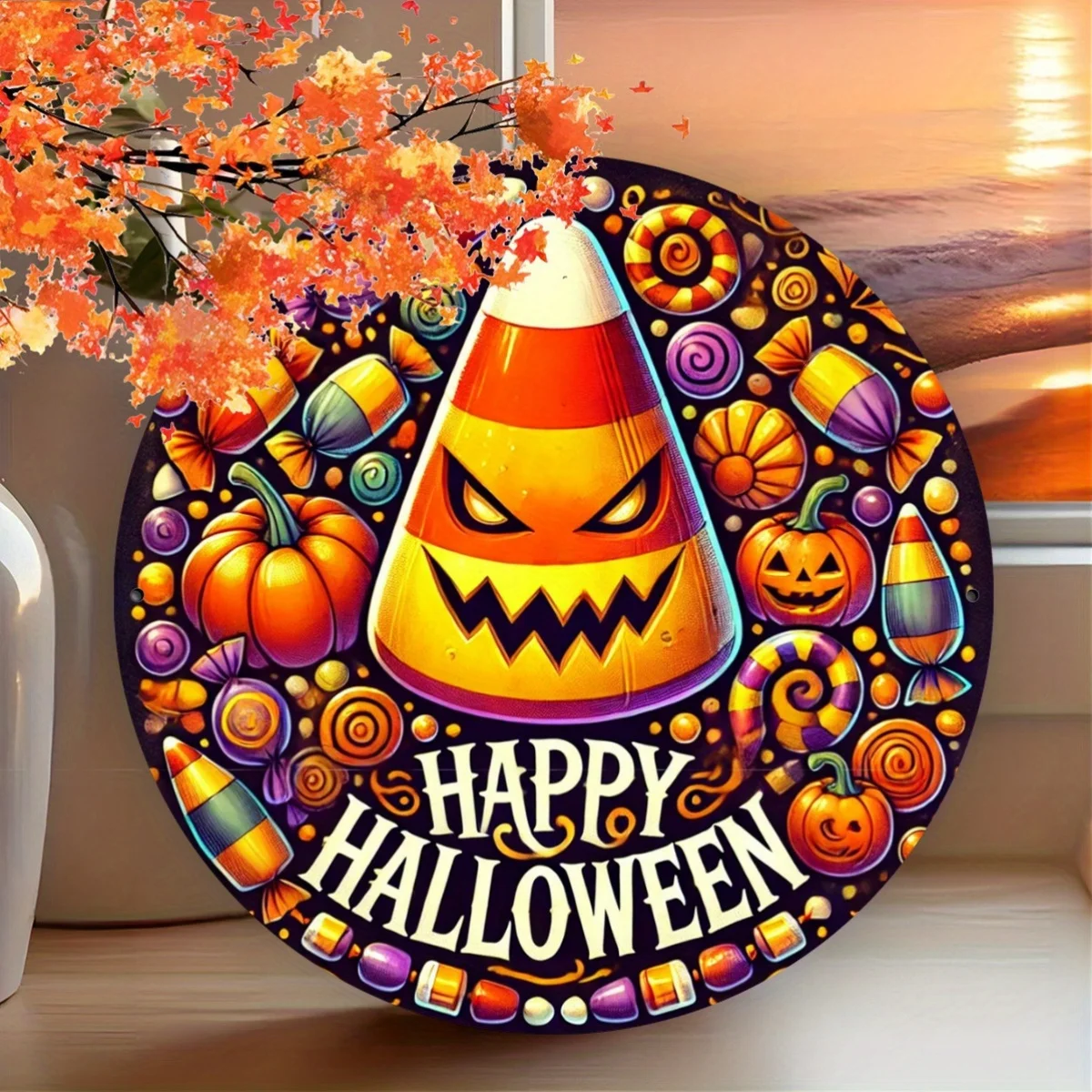 2D Flat - [2D Flat] 1pc 2D Flat Printed 20X20Cm Metal Iron Sign Halloween Candy Corn Wreath Sign 8X8 Inches - Iron Art Wall Deco