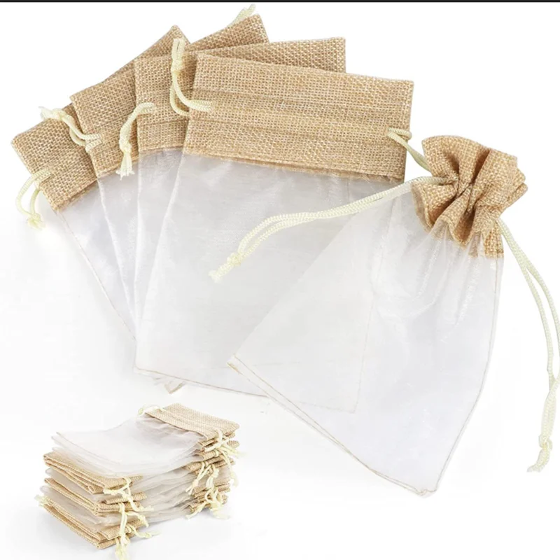 20Pcs Patchwork Linen Fabric for Candy and Toy Storage Packaging Festival Party Decoration Drawstring Pocket