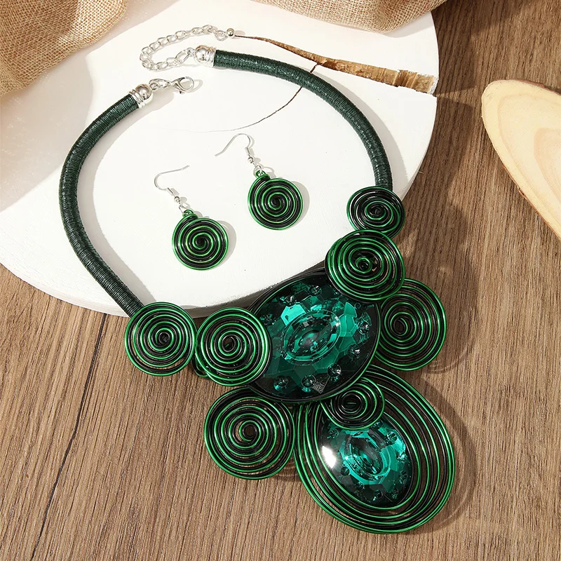 UDDEIN Handmade Weave Aluminum Wire Big Gem Necklace & Pendant Vintage Jewelry Sets Party Collar Earrings Set