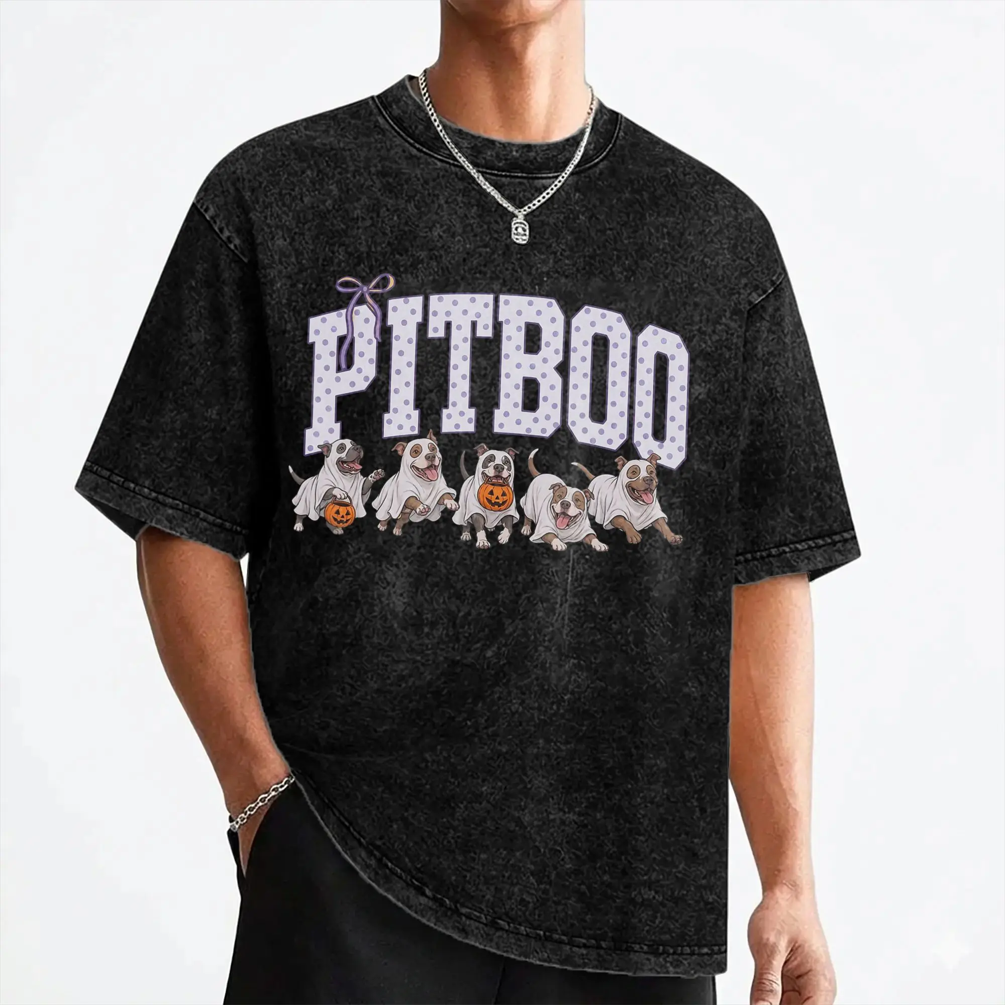 Cute Pitboo Ghost Pitbull Halloween Dog Washed T Shirt Streetwear Hip Hop T-Shirts  Tees Tops Men Women Short Sleeve Street