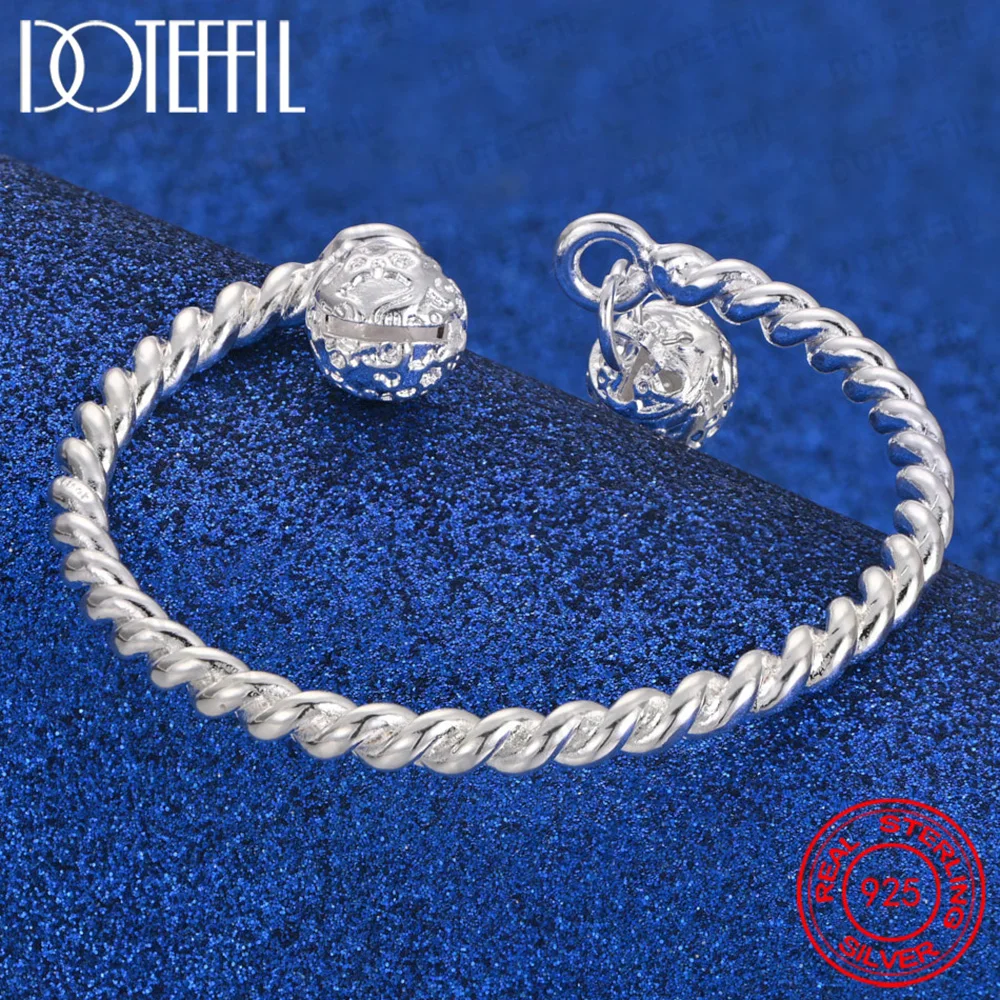 925 Sterling Silver Water Wave Double Ball Open Bangle for Women Wedding Party Jewelry Accessories