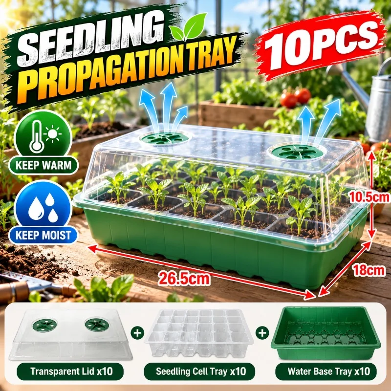 10 Pieces Seed Starter Trays with Clear Humidity Dome, 3-Piece Seedling Propagation Kit, Ventilated Seed Tray for Garden Plants