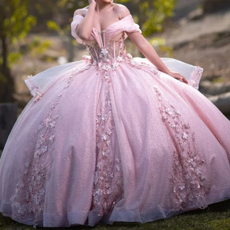 

Customized Princess Girl Birthday Party Dress Special Occasion Off Shoulder 3D Floral Crystal 16 vestidos de 15 años quinceañera