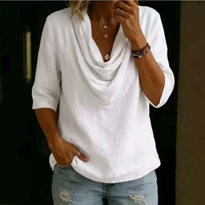 Fashionable Ladies' Solid Color round Neck Casual Shirt Autumn New Style Imported from Europe And America Pure Color T-Shirt