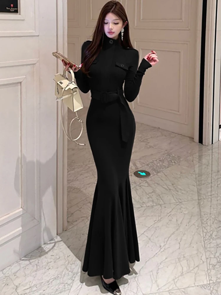 

2025 Black Long Sleeve Stand Collar Bandage Dress Women Elegant Ruffled Mermaid Dress Autumn Winter Korean Vintage Hepburn Dress
