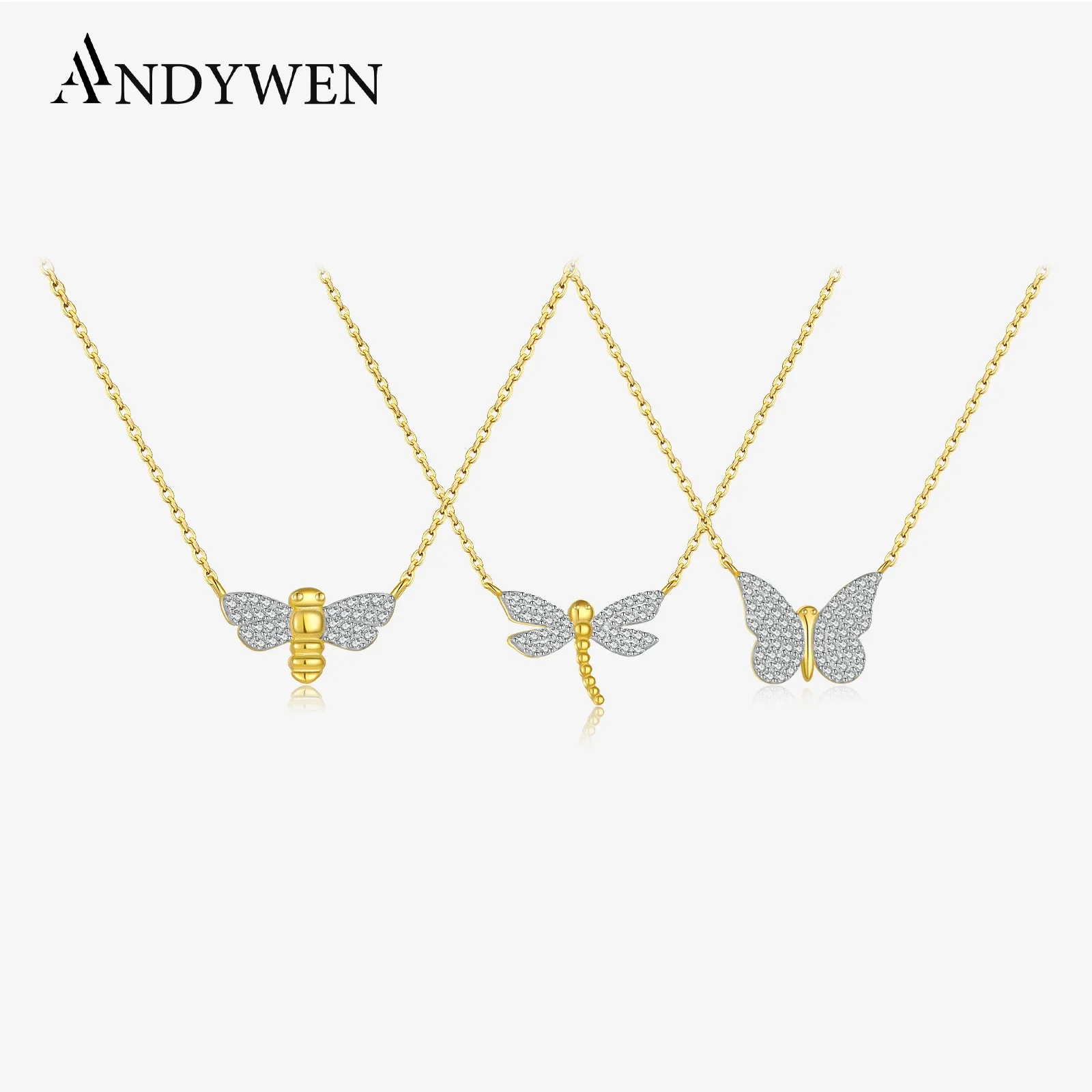 ANDYWEN 925 Sterling Silver Split Plating Dragonfly Bee Butterfly Chain Pendant Charm Necklace Choker Fine Jewelrt 2022 Crystal