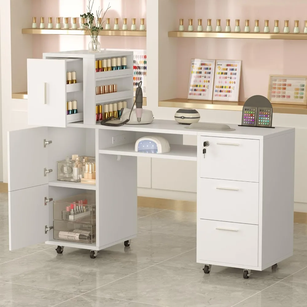 Mobile Manicure Table Nail Salon Desk with Storage Cabinet, 55.1