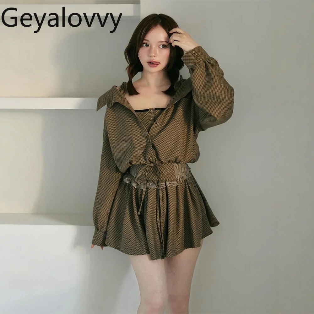 

Japanese Style Sweet Plaid Three-Piece Set Camisole + Elastic Waist Short Skirt + Long Sleeve Shirt Fashion Women's Casual Suit