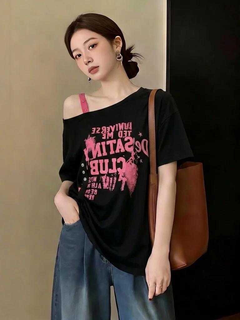 Unique Personality Pink T-Shirt Women's Short Sleeve Shoulder Bared Summer New Style plus Size Street Fashion Top Commute Wind