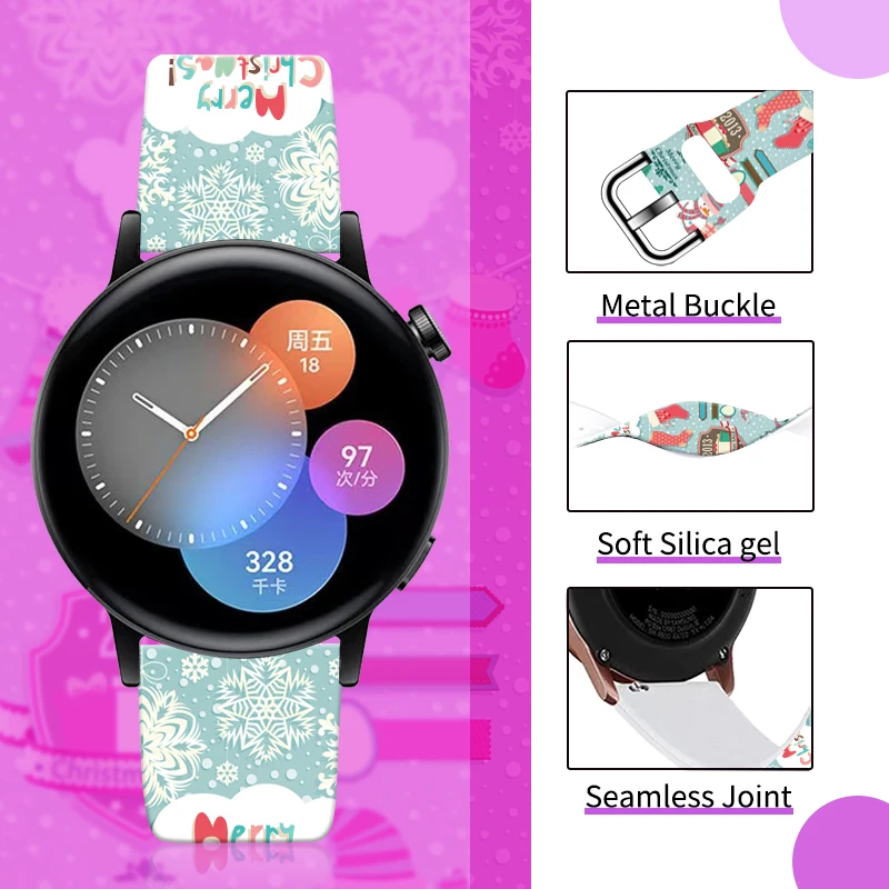 20mm Christmas 2 Printed Strap for Samsung Galaxy Watch 7/6/5 40mm 44mm Band Replaceable Braceclet for Xiaomi Amazfit Watchband