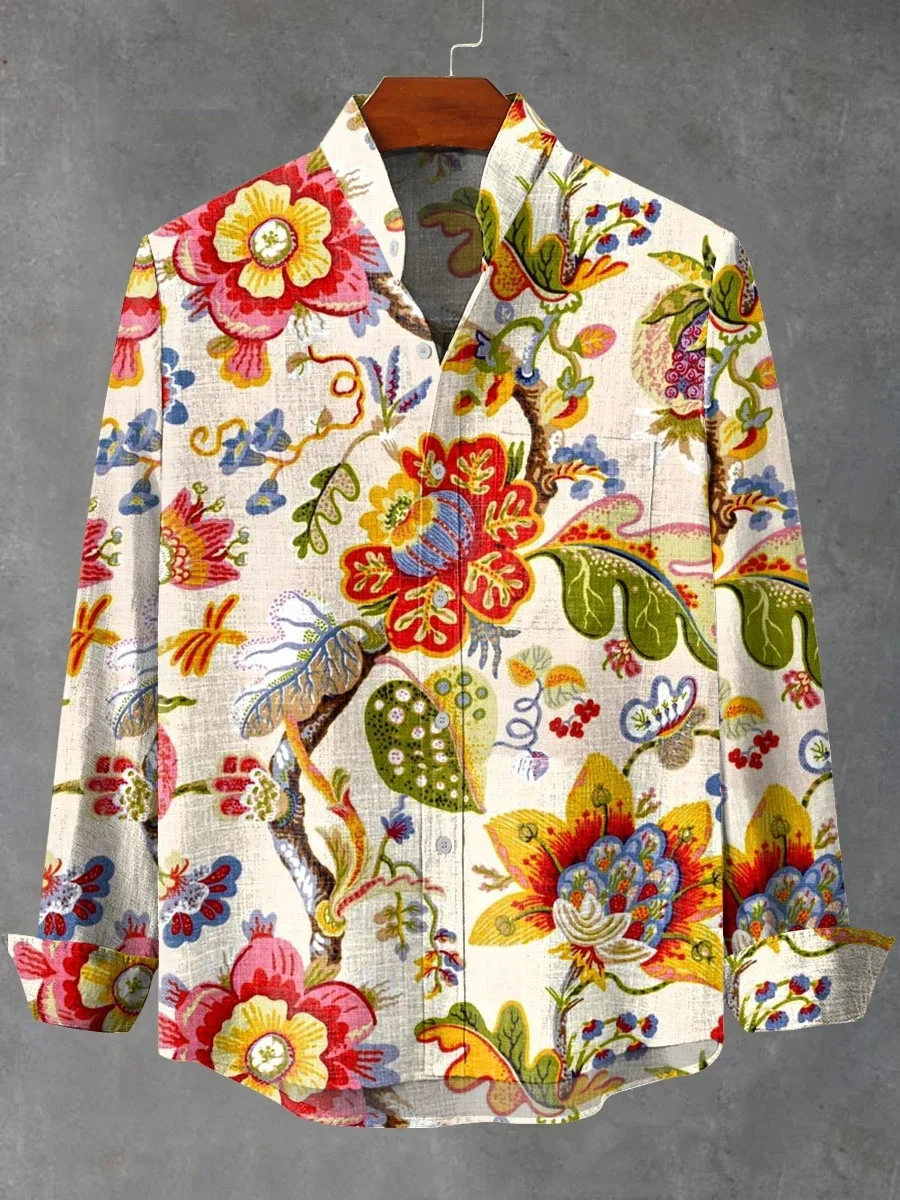 

New men's long-sleeved shirt with elegant pattern fragment print - 2025 spring and autumn fashion men's and women's shirt