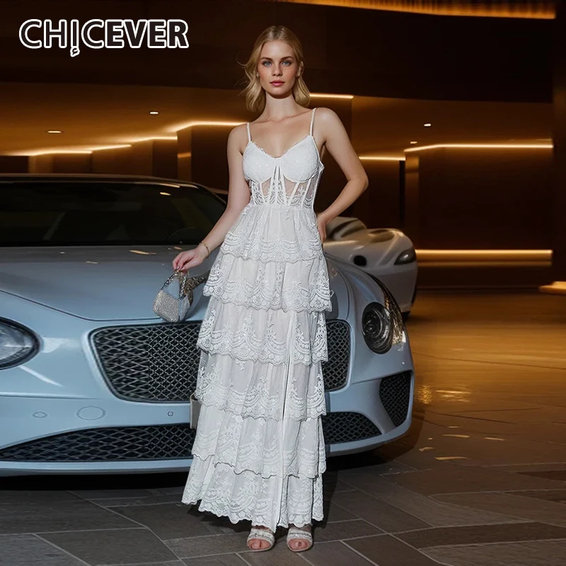 

CHICEVER White Lace Dress For Female Square Collar Sleeveless High Waist Spliced Ruffled Chic Popular Designer Dresses Female