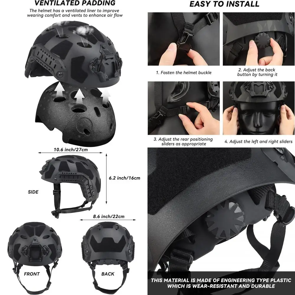 

Compact Tactical Helmet with NVG Mount, Side Rails, and Pre-Slotted Strap for Outdoor Adventures and Military Use
