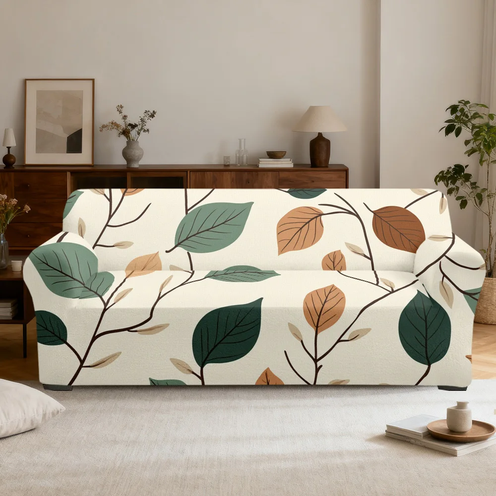 1pc Stretch Sofa Cover, Modern Botanical Leaf Branch Print Couch Slipcover for Living Room, Washable Elastic Furniture Protector