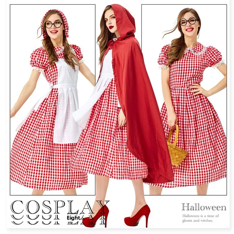Red  Party Little Red Riding Hood Costume Large Cloak Fairy Tale Play Stage Performance Halloween Women's Ethnic Wear