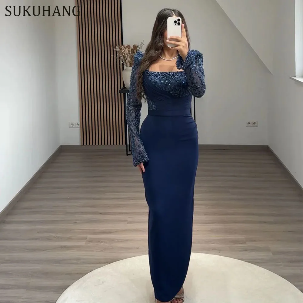 

SUKUHANG Luxury Dubai Mermaid Muslim Evening Dress Mermaid Long Sleeve Brown Plus Size Women Wedding Party Customized