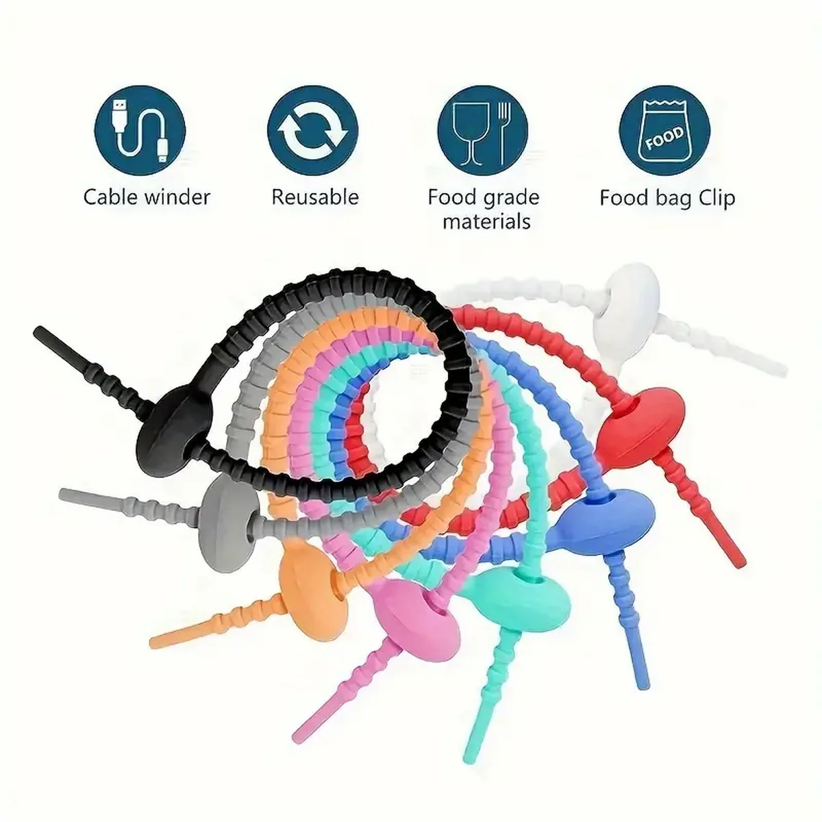 

Silicone Reusable Cable Wire Organizer, Storage Holder Bag Ties Cord Management Zip Tie Twist, Multifunctional Bag Clip Food Sav