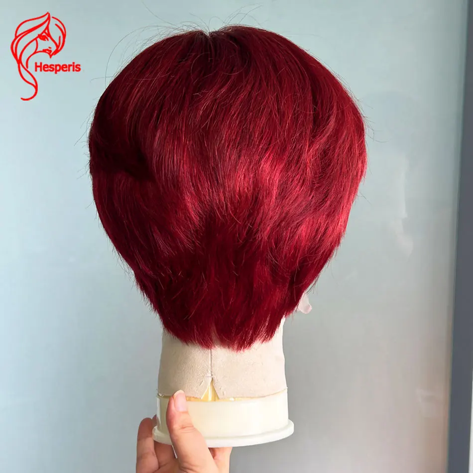 Hesperis Hot Red Human Hair Male Wigs With Bang Short Cut Full Lace Wigs For Man Glueless Red Colored Human Lace Men's Wigs
