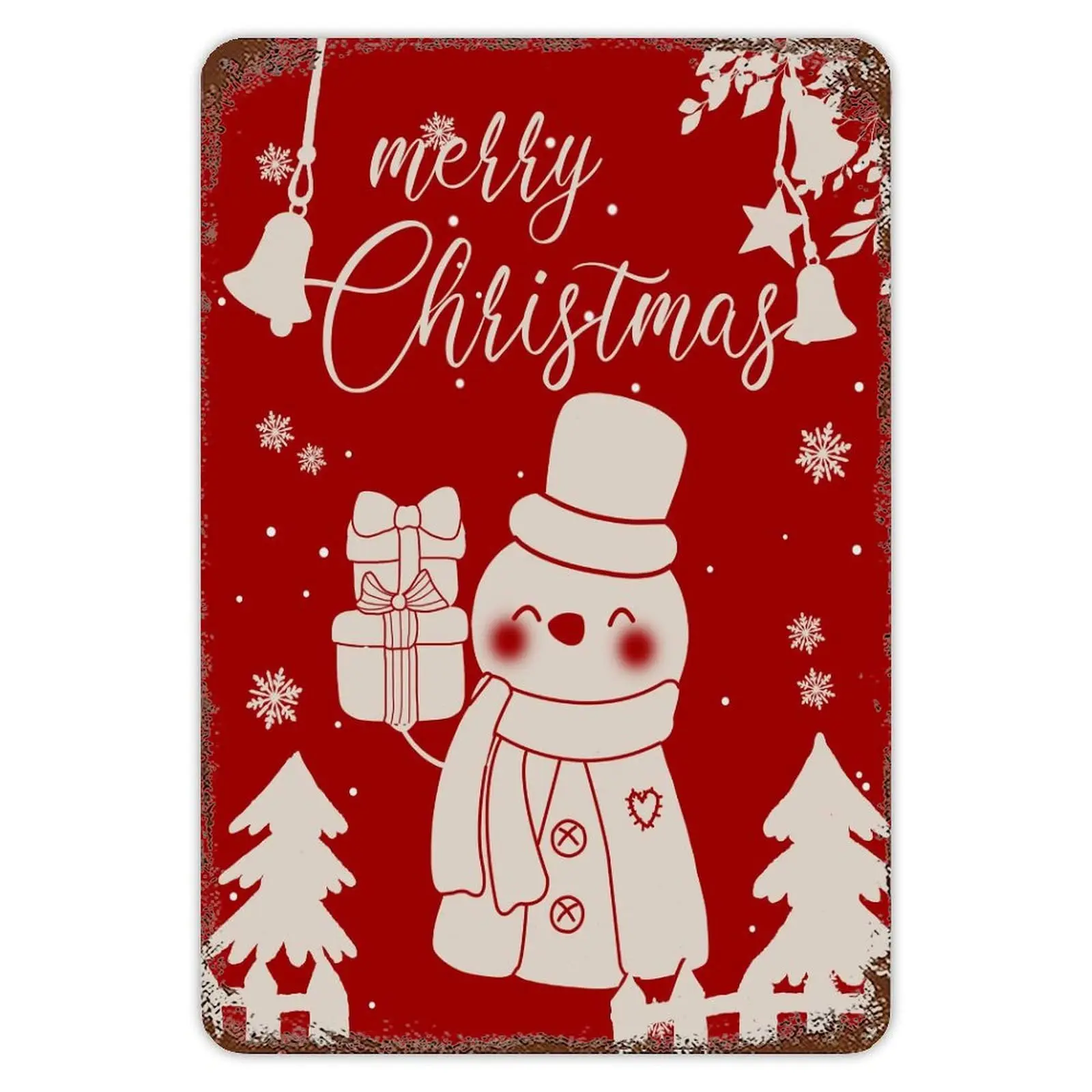 Merry Christmas Metal Sign Snowman Silhouette Tin Sign Snowflake Wreath Red Background Signs Rust Party Welcome Sign Vintage Far