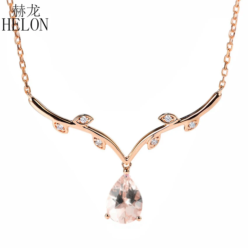 

Shruno Solid 14K Rose Gold Antlers Shape Genuine Natural Morganite Diamonds Necklaces Pear Pendant Women's Chain Luxurious