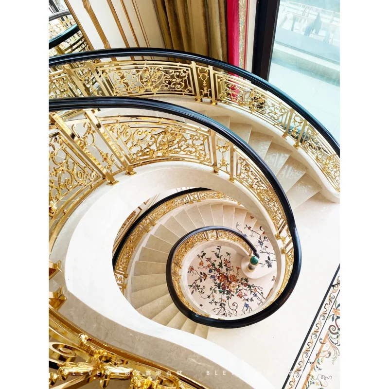 custom.Hotel Interior Marble Rotating Staircase with Unique Jet Spraying Design Natural Marble Shape Glass Ra