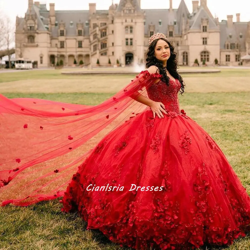 Vestido de quinceañera hecho a mano con flores, rojo, 3D, con capa, apliques de hombro, corsé de encaje, fiesta para 15 niñas