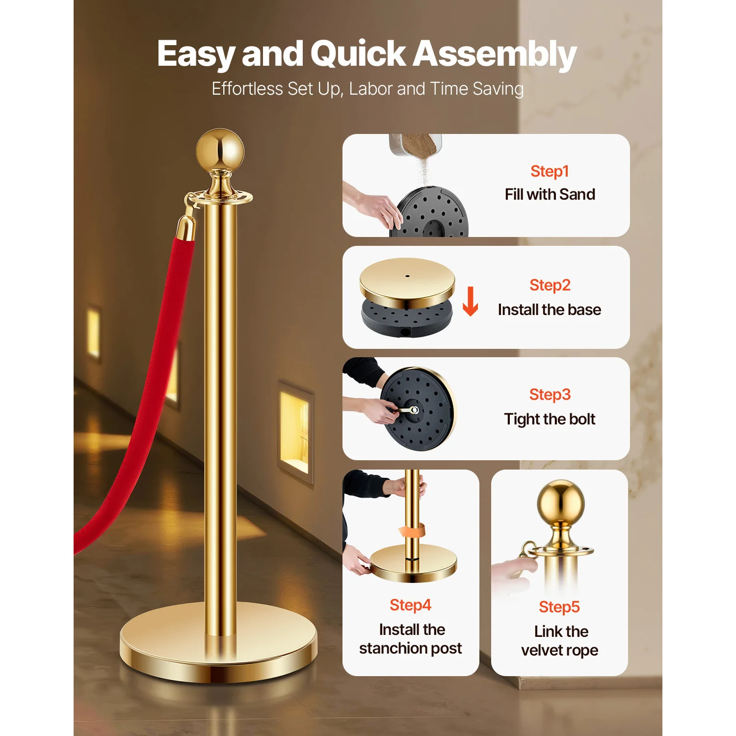VEVOR Stanchions 4/6/8 قطعة عمود من الفولاذ المقاوم للصدأ مع قاعدة قابلة للتعبئة حبال وأعمدة مخملية حمراء لحواجز التحكم في الحشود