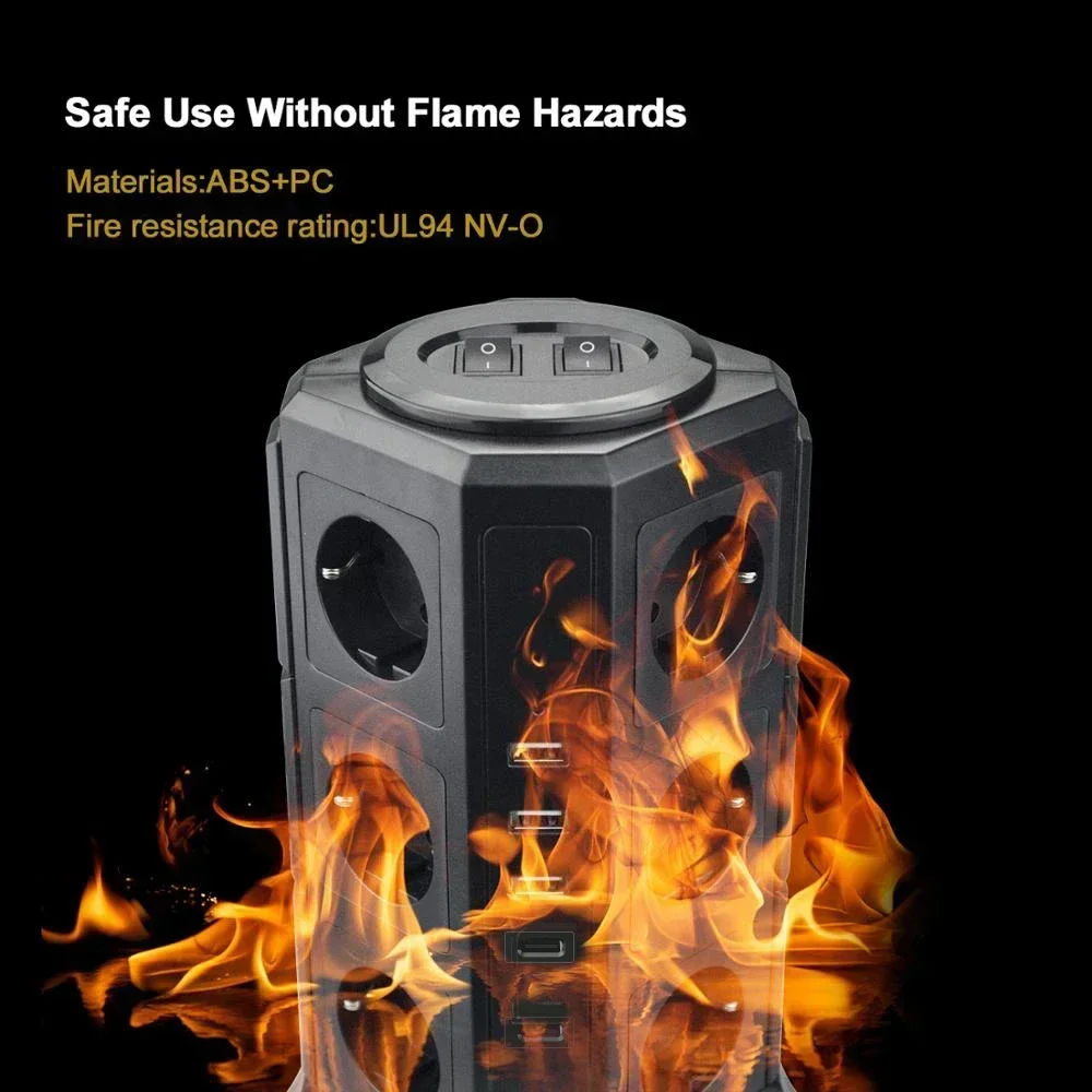 Melery Tower Power Strip Vertical EU Plug Adaptador Tomada USB TYPE-C Protetor contra surtos Proteção de circuito Cabo de extensão de 2m