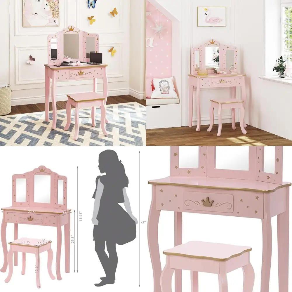 Pink Children's Makeup Vanity Set with Mirror and Stool, Dressing Table for Little Girls with Drawers