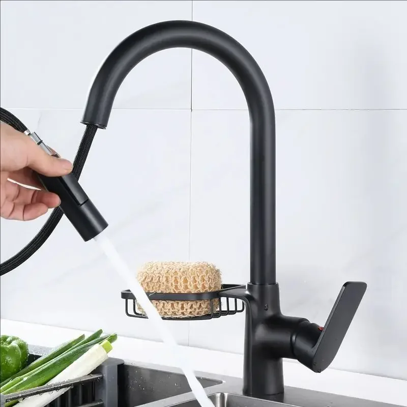 Gray Pull Out Spout Kitchen Faucet Black Single Hole Swivel Hot Cold Water Kitchen Mixers Taps With Basket Shelf Chrome
