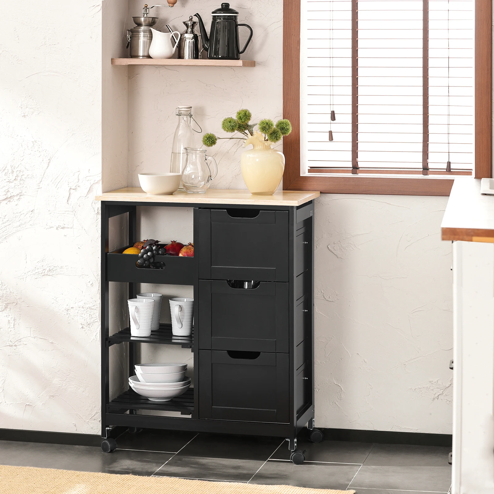 SoBuy FKW79 Küchenwagen zum Rollen mit 2 abnehmbaren Ablagen und 1 Tablett Rollwagen Für Küche, Wohnzimmer, Esszimmer – Detail 16