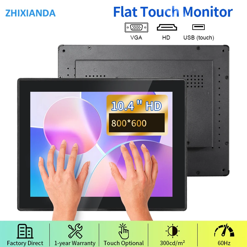 Zhixianda 10.4 Inch 800*600 Waterproof Flat True Capacitive Touch Screen Monitor Wall Mount Industrial Display With VGA HDMI USB