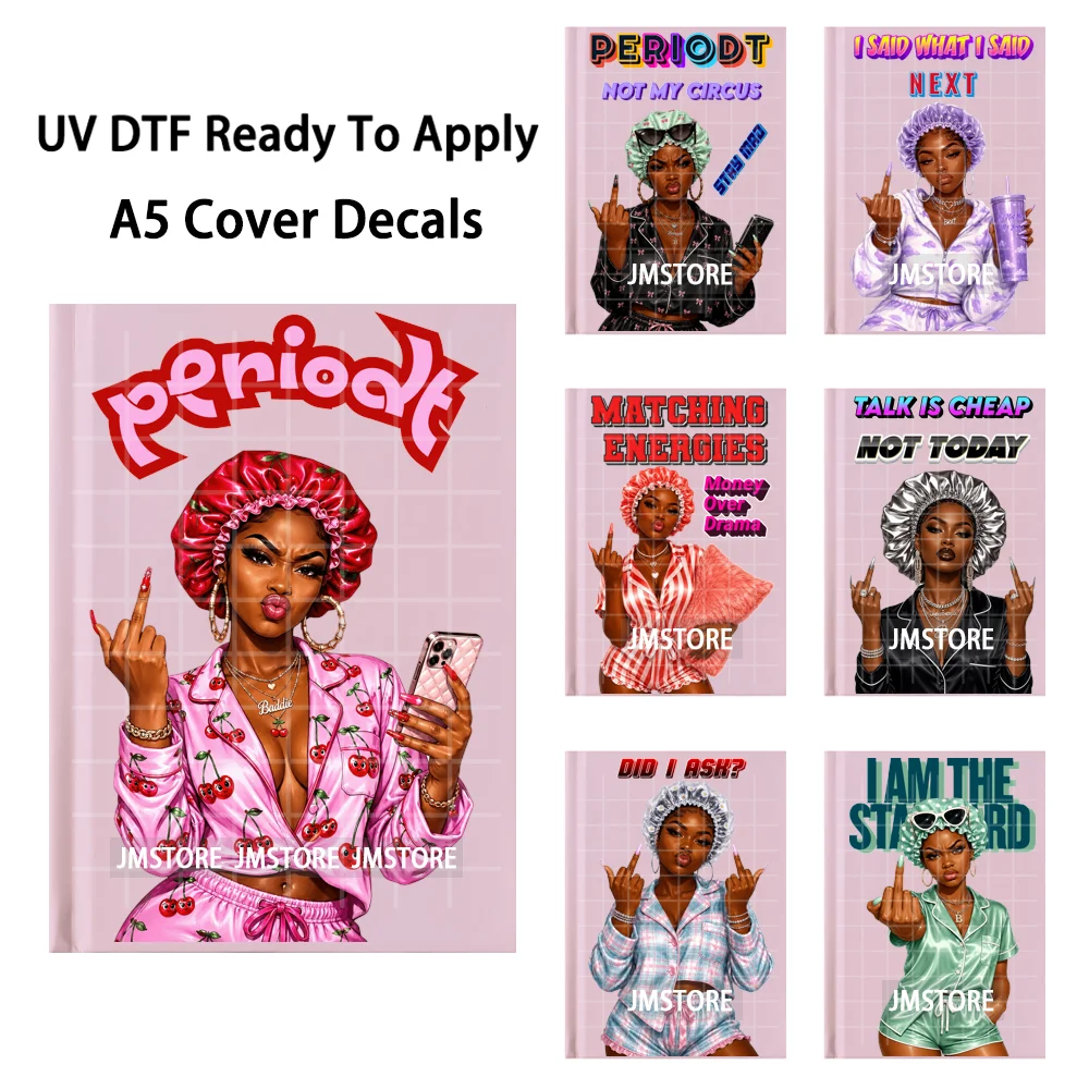 Satin Bonnet Unbothered Queen UV DTF Notebook Decals Bougie Melanin Baddie Ready To Apply Transfer Stickers For A5 Journal Cover
