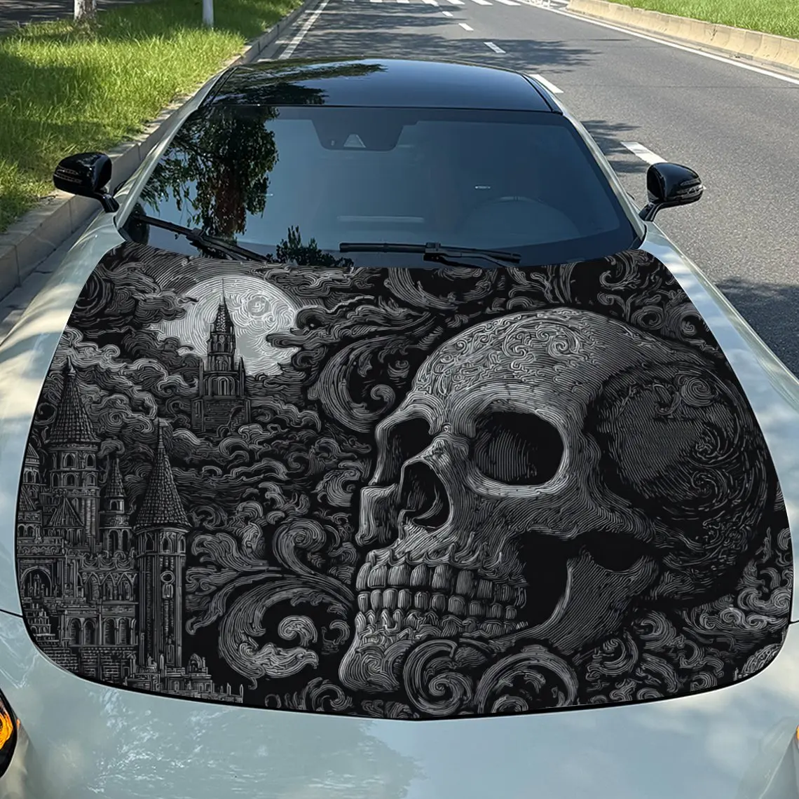Car Decals Skull with Gothic Accents Design, featuring a skull paired with gothic - style buildings and elaborate motifs Car Hoo