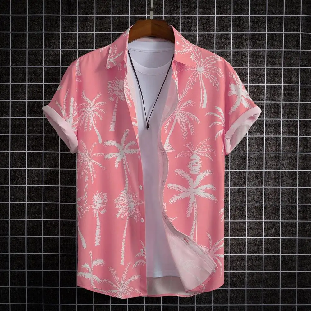 Camisa estampada tropical de coqueiro digital masculina, cardigã de lapela de peito único, manga curta, camisa de praia masculina, férias de verão