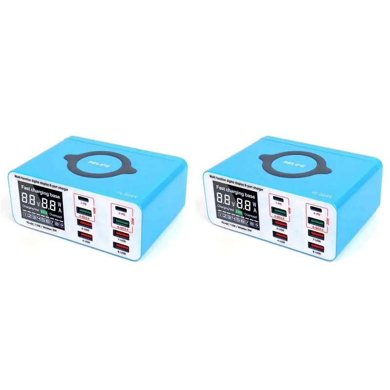 2X RELIFE RL-304S Smart 8+1Port USB Digital Display For All Mobile Phones And Tablet Charging EU Plug