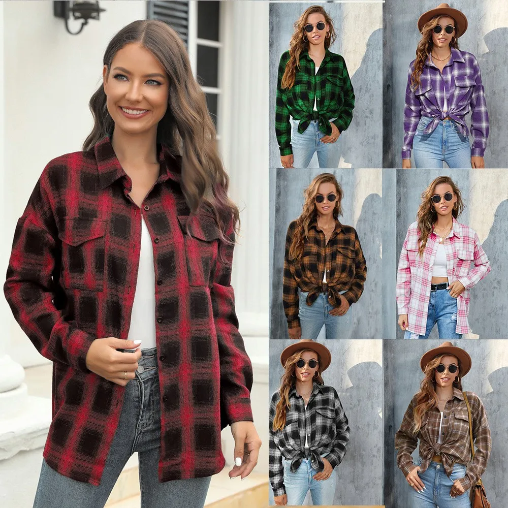 

Women's Blouse Red Black Plaid Button Up Blouse Loose Fit Casual Blouse Cropped Knot Tie Long Sleeve Blouse Streetwear Woman