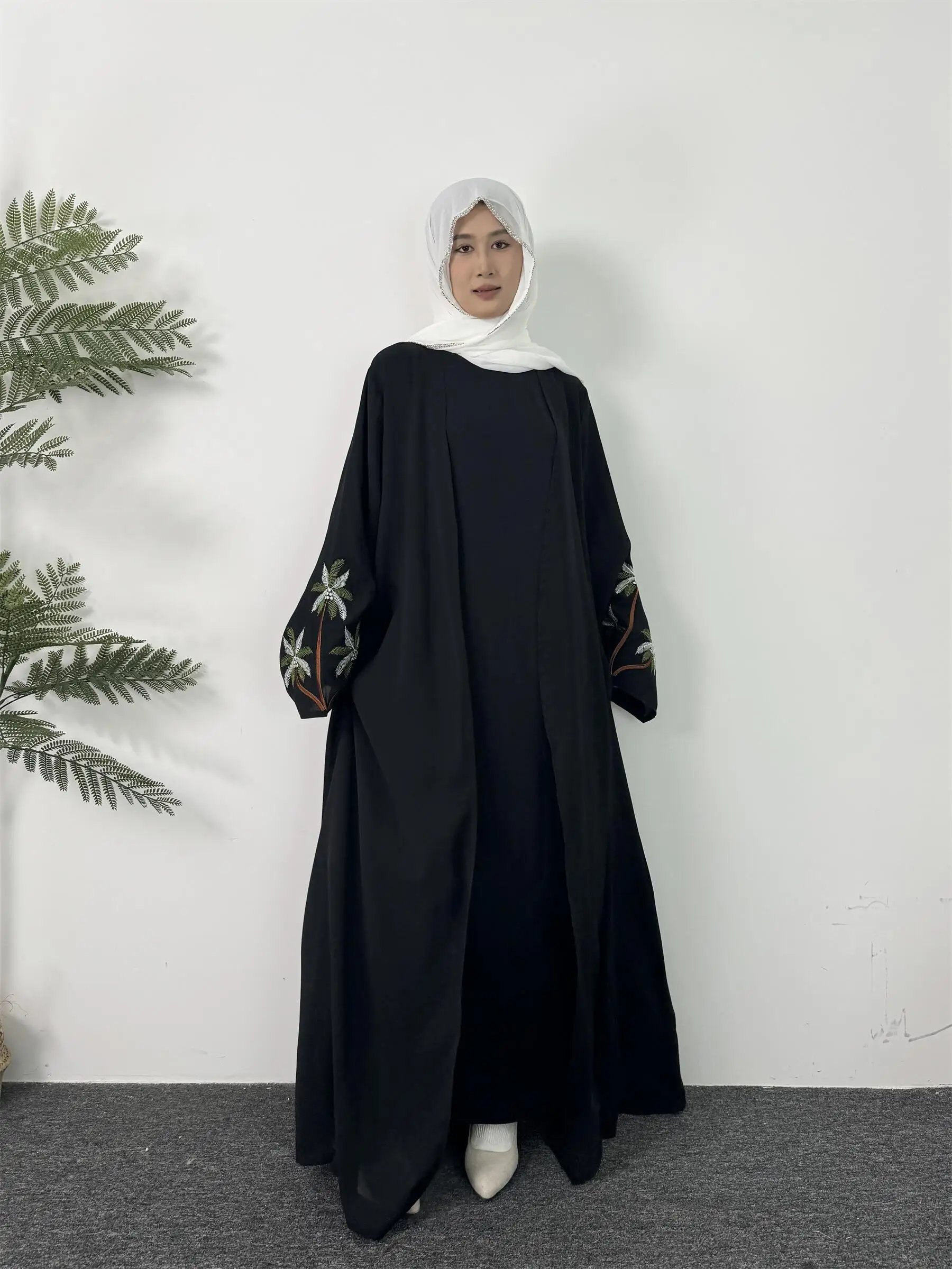 Embroidery Open Front Abaya Long Sleeve Maxi Length Inner Dress Womens Clothing Muslim Cardigan Abayas Out Kaftans Women Jilbabs