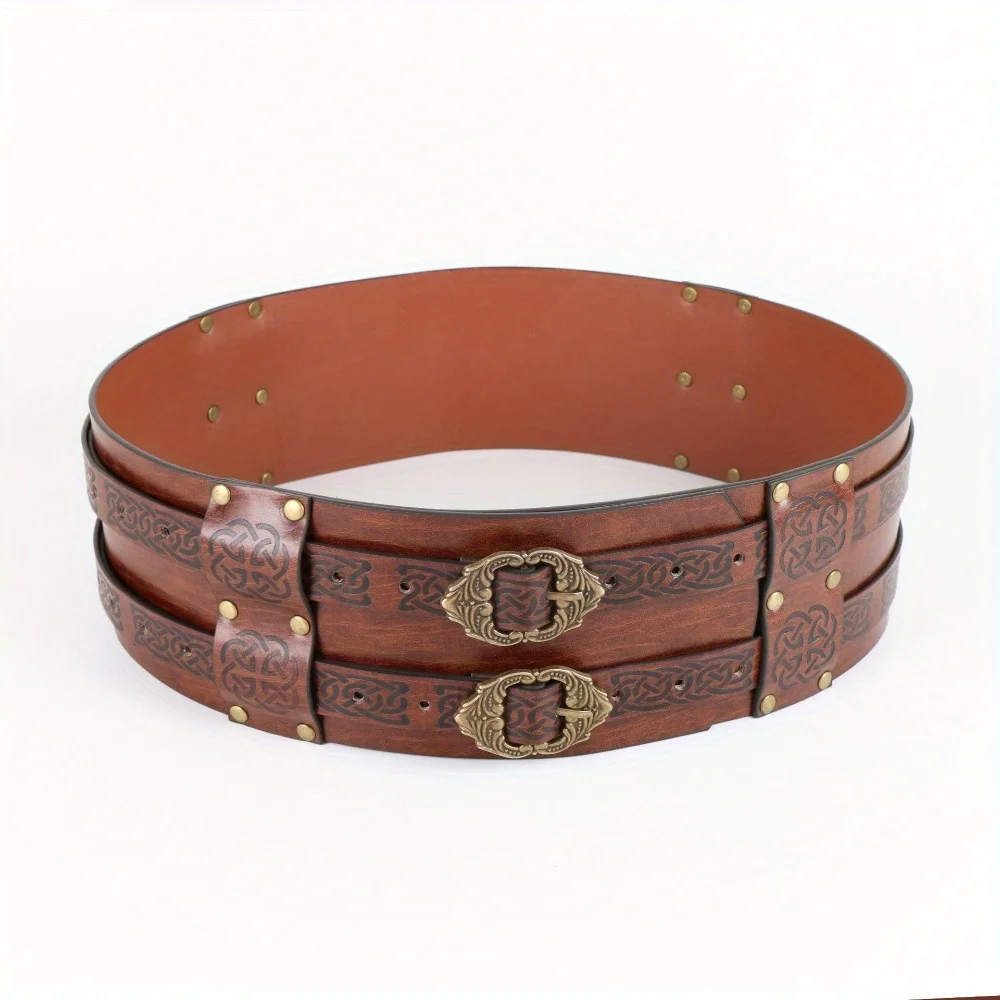 Cinturón ancho con relieve inspirado en vikingo: cincher de cuero medieval para feiras renacentistas y disfraces LARP