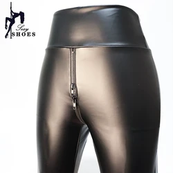 Sexy Double Zipper Open Crotch Pants for Women Large Size Black Matte Leather Exotic Bodycon Trousers Wetlook Nightclub Leggings