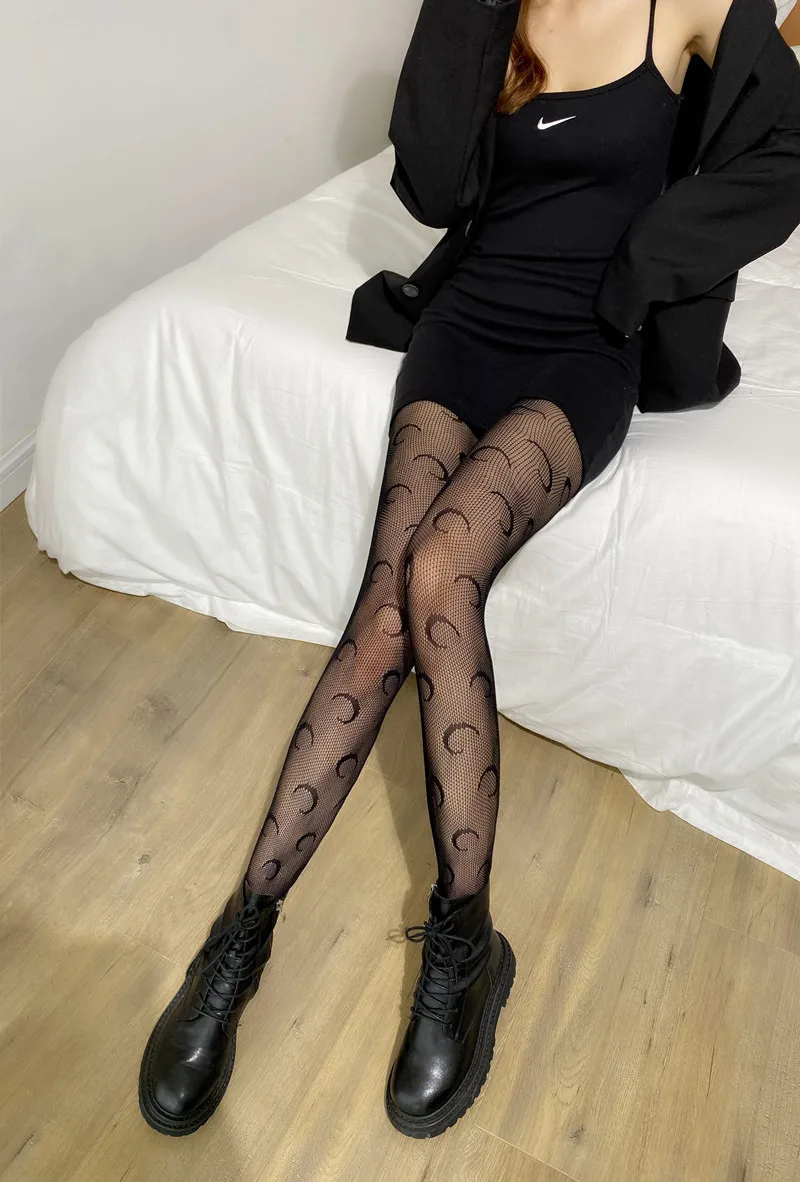 Lolita Pure White Stockings Spring Summer New Spice Sexy INS Black Silk Moon Lace Fishnet Stockings Hollow Out