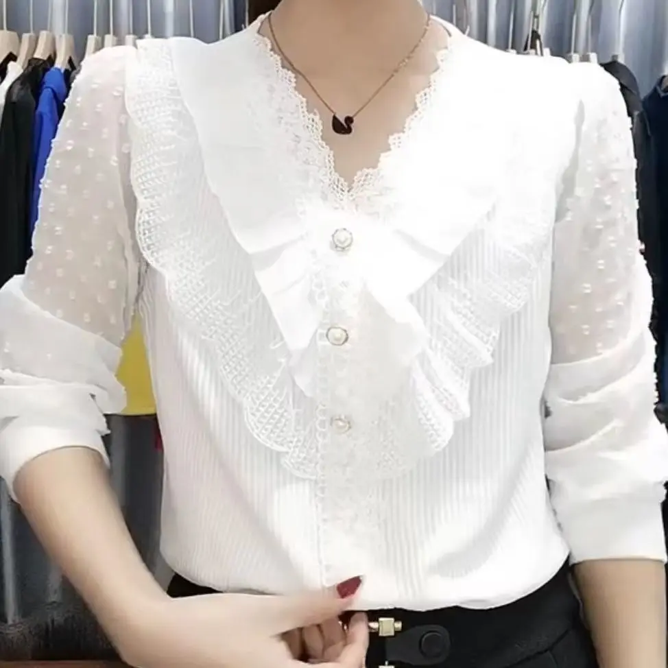 

Elegant Summer High Neck Long Sleeve Women's Blouse Floral Lace Trim Loose Korean Style Shirt Top Fashionable And Trendy