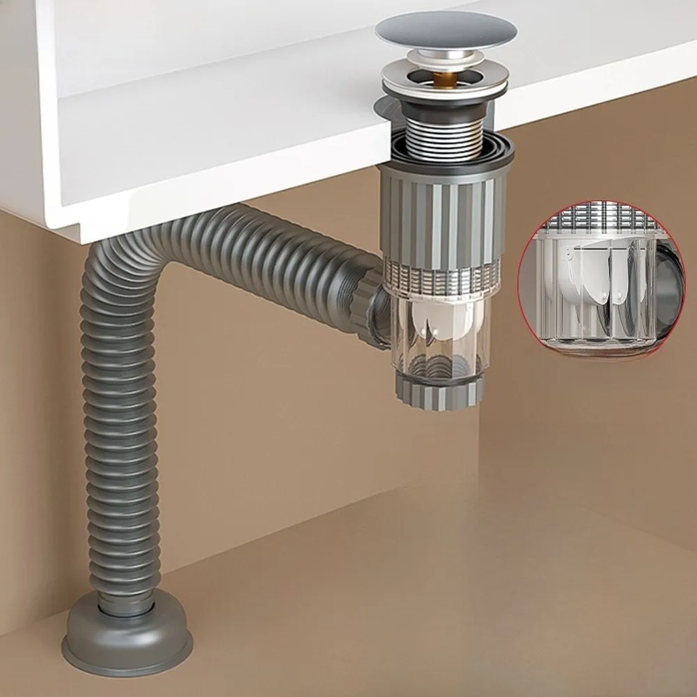 Basin Drain Pipe Adjustable Length 1m Grey PVC Metal Construction Space Efficient Under Sink Drainage Solution