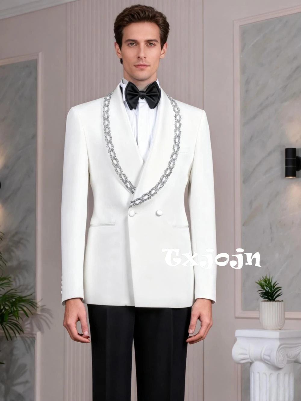 

New Arrival Silver Beaded Tuxedo 2 Pieces Wedding Groom Sets For Men,Shawl Lapel Men's Double Breasted Suit Set Prom Wear